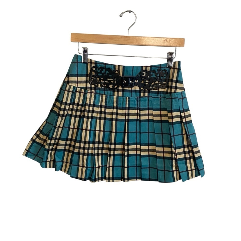 Y2k NWT Teal and Tan Plaid Faux Leather Detail Pleated Mini Skirt Size Small
